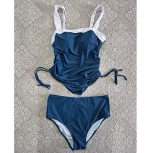 Blue and White Ruched Tankini Set High Waisted Two Piece uSwimsuit Size L